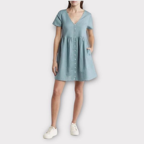 Madewell Linen Blend Minidress Women's Small Green Blue V-Neck Button Front - Picture 1 of 9